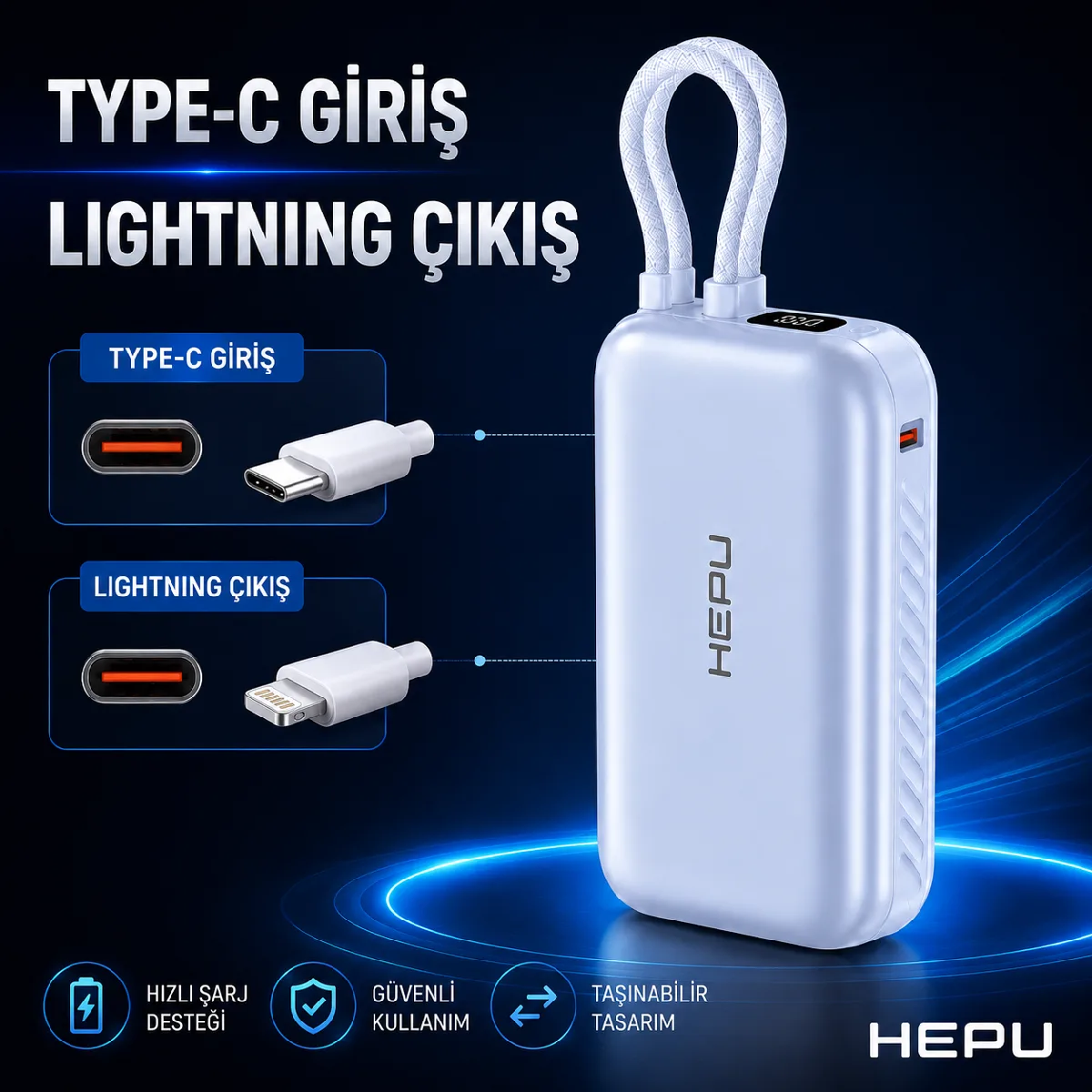 HEPU HP-AP01 Armor Powerbank – 10.000 mAh, Kendinden Kablolu Hızlı Şarj Destekli - Görsel 5