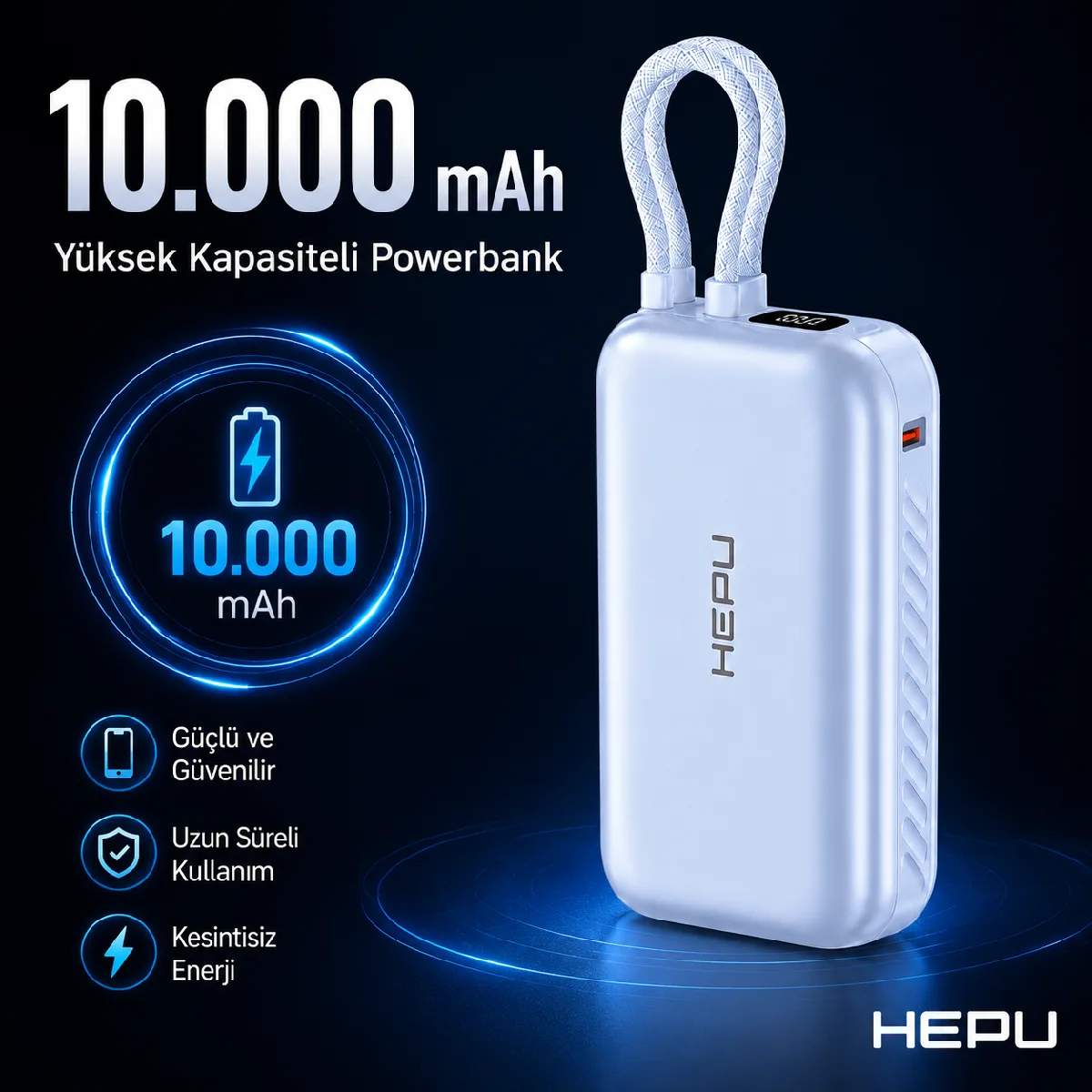 HEPU HP-AP01 Armor Powerbank – 10.000 mAh, Kendinden Kablolu Hızlı Şarj Destekli - Görsel 6