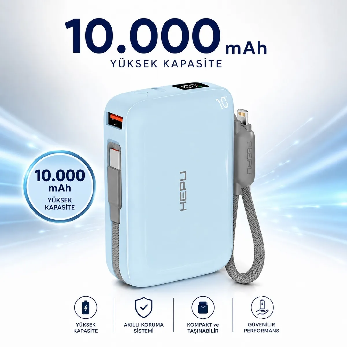 HEPU HP-AP03B Armor Powerbank – 10.000 mAh, Type-C, Lightning ve USB-A Çıkışlı, Hızlı Şarj Destekli - Görsel 5