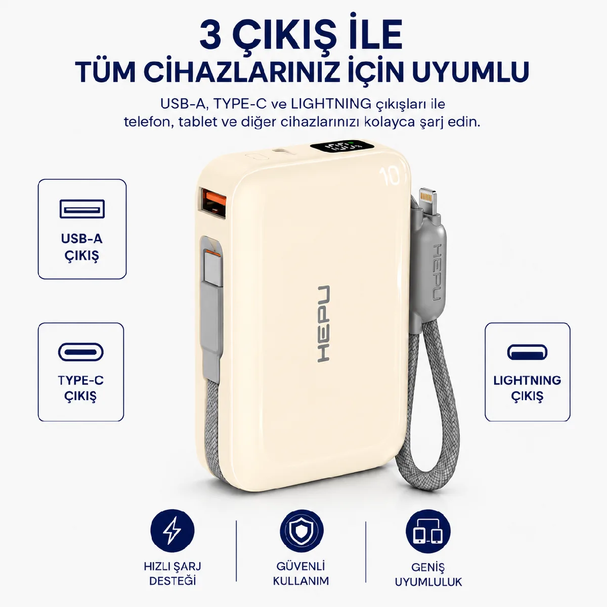HEPU HP-AP03Y Armor Powerbank – 10.000 mAh, Type-C, Lightning ve USB-A Çıkışlı, Hızlı Şarj Destekli - Görsel 4