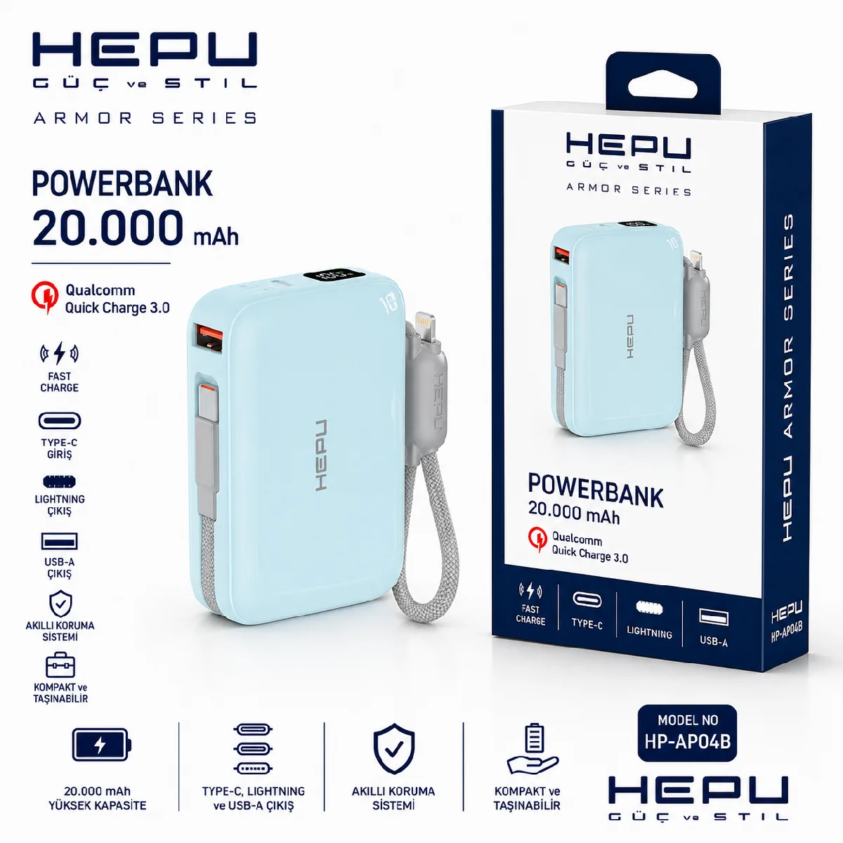 HEPU HP-AP04B Armor Powerbank – 20.000 mAh, Type-C, Lightning ve USB-A Çıkışlı, Hızlı Şarj Destekli - Görsel 3
