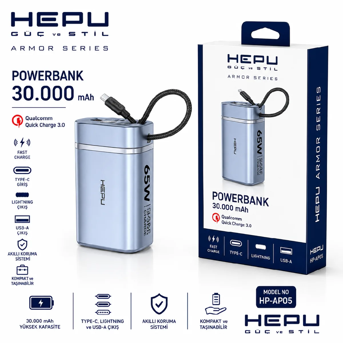 HEPU HP-AP05 Armor Powerbank – 30.000 mAh, 65W Hızlı Şarj, Type-C, Lightning ve USB-A Çıkışlı - Görsel 3