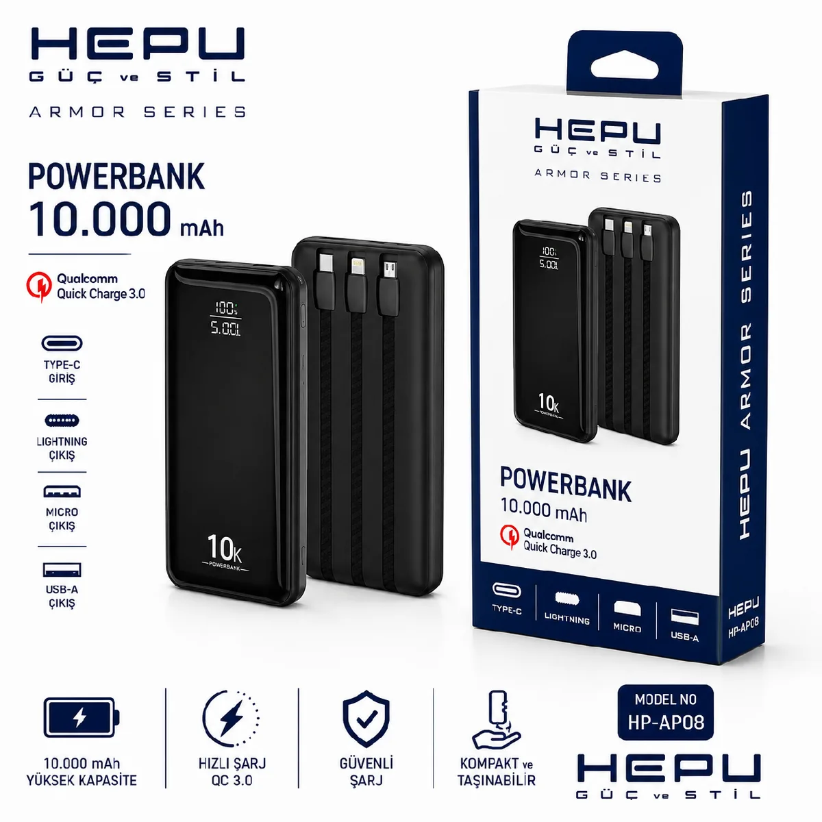 HEPU HP-AP08 Armor Powerbank – 10.000 mAh, Entegre Çoklu Kablolu, Dijital Göstergeli, Hızlı Şarj Destekli - Görsel 3