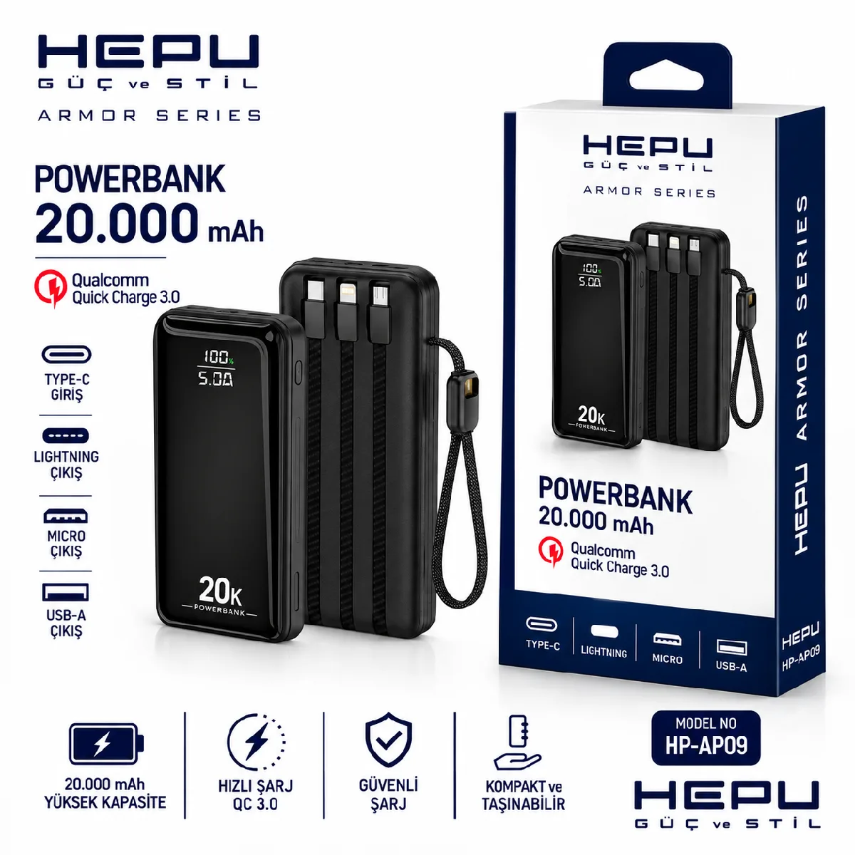 HEPU HP-AP09 Armor Powerbank – 20.000 mAh, Entegre Çoklu Kablolu, Dijital Göstergeli, Hızlı Şarj Destekli - Görsel 3