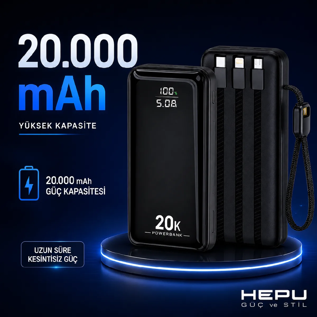 HEPU HP-AP09 Armor Powerbank – 20.000 mAh, Entegre Çoklu Kablolu, Dijital Göstergeli, Hızlı Şarj Destekli - Görsel 6