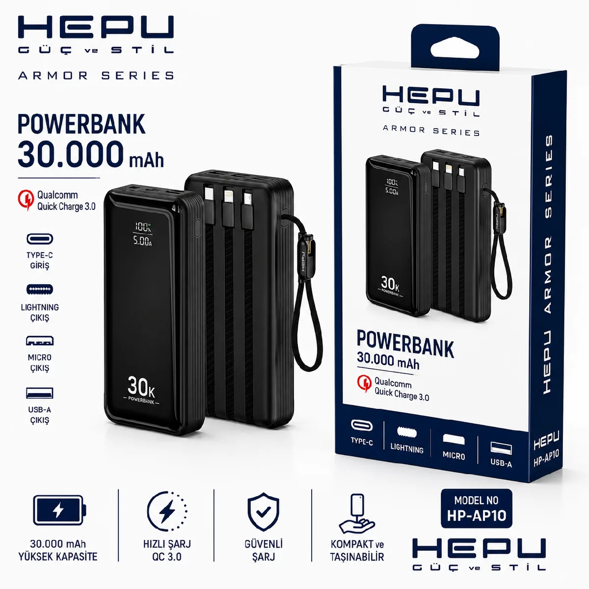 HEPU HP-AP10 Armor Powerbank – 30.000 mAh, Entegre Çoklu Kablolu, Dijital Göstergeli, Hızlı Şarj Destekli - Görsel 3