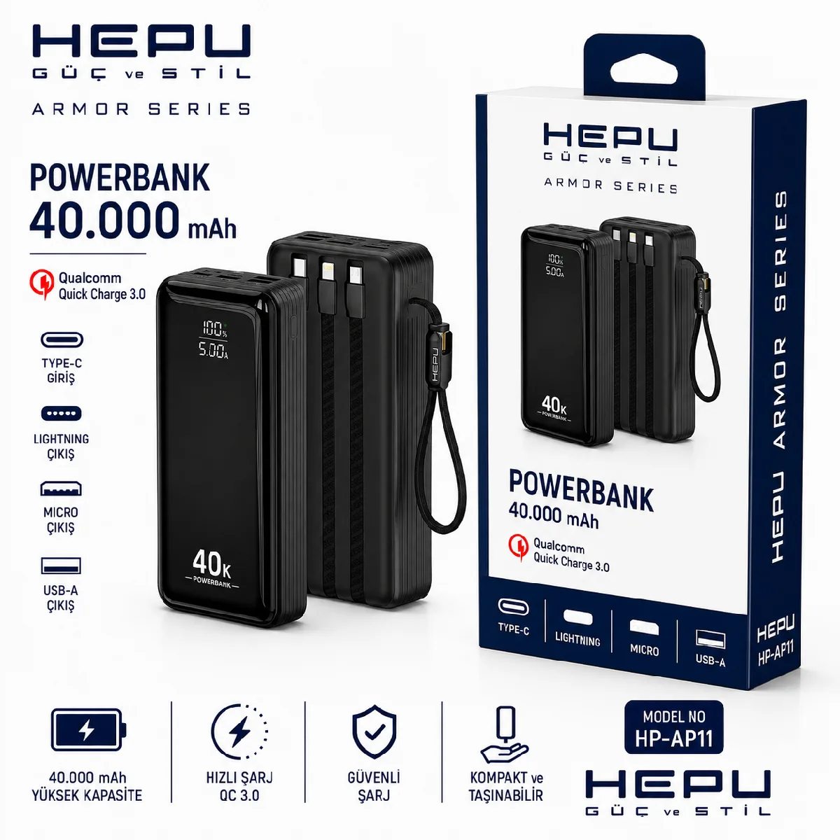 HEPU HP-AP11 Armor Powerbank – 40.000 mAh, Entegre Çoklu Kablolu, Dijital Göstergeli, Hızlı Şarj Destekli - Görsel 3
