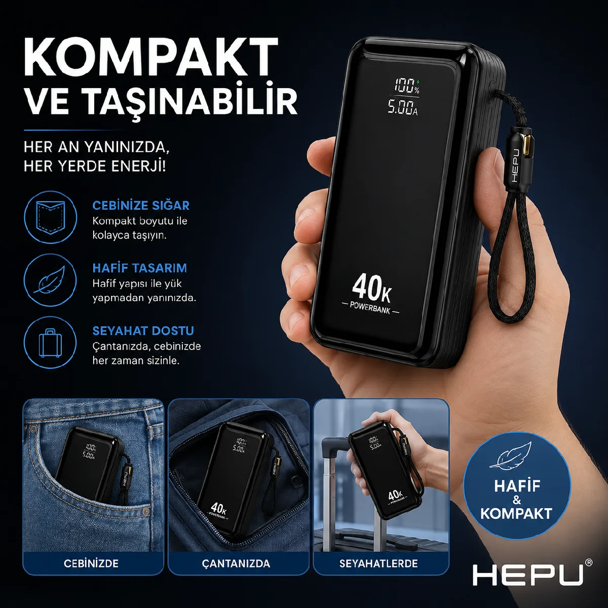 HEPU HP-AP11 Armor Powerbank – 40.000 mAh, Entegre Çoklu Kablolu, Dijital Göstergeli, Hızlı Şarj Destekli - Görsel 4