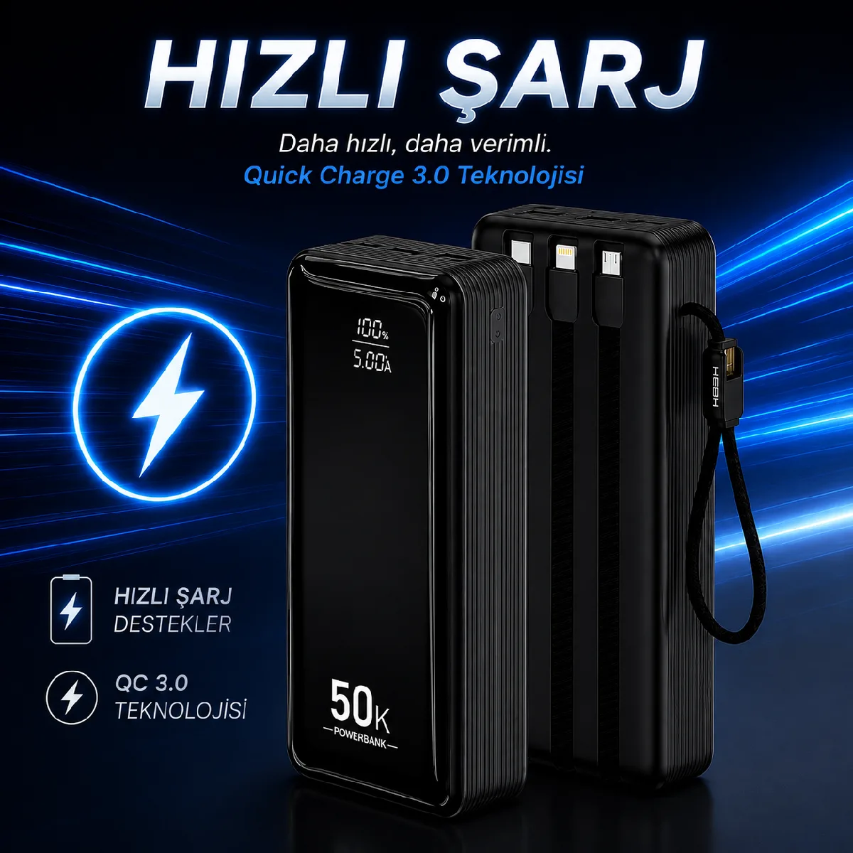 HEPU HP-AP12 Armor Powerbank – 50.000 mAh, Entegre Çoklu Kablolu, Dijital Göstergeli, Hızlı Şarj Destekli - Görsel 6