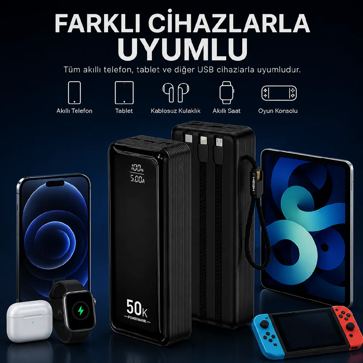 HEPU HP-AP12 Armor Powerbank – 50.000 mAh, Entegre Çoklu Kablolu, Dijital Göstergeli, Hızlı Şarj Destekli - Görsel 7