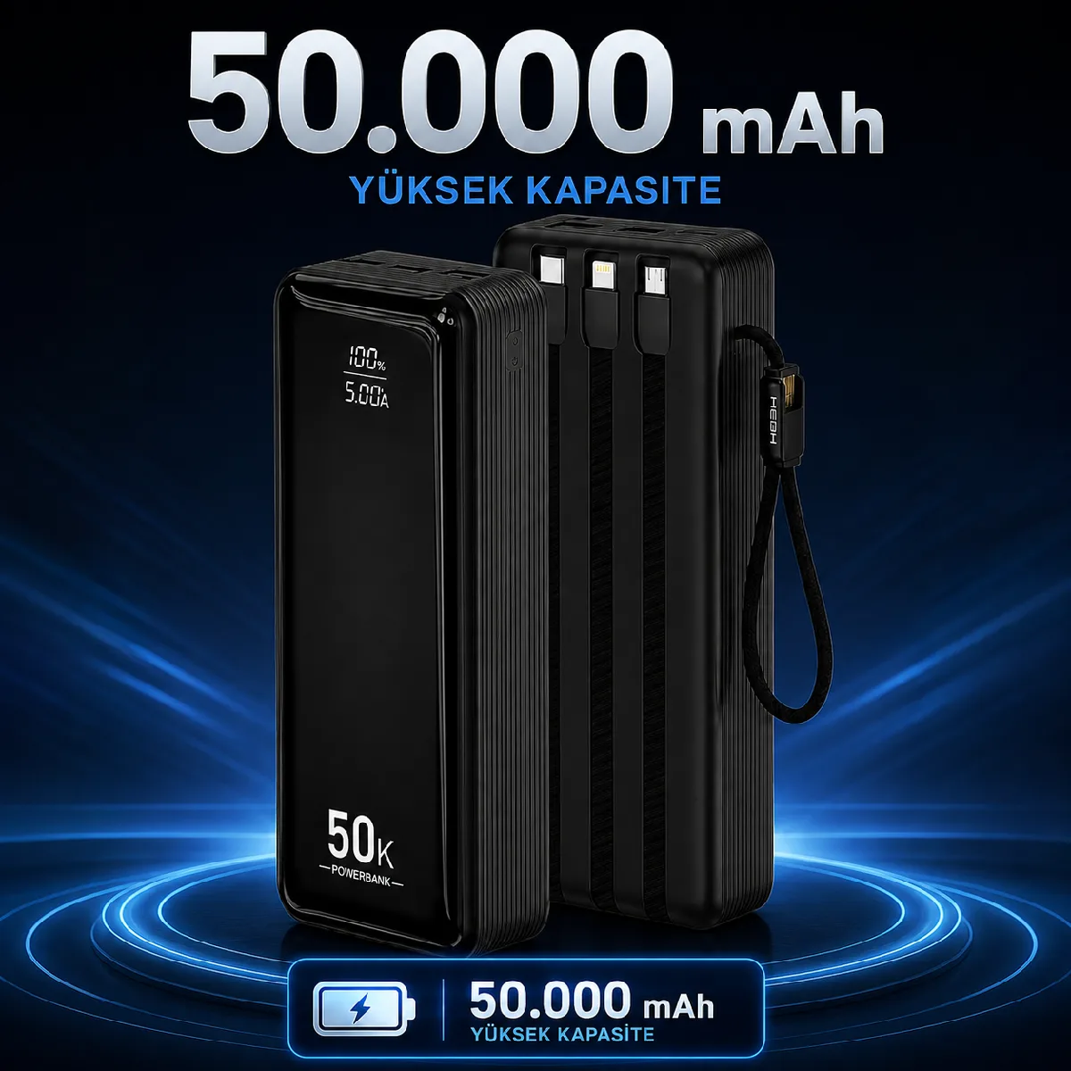 HEPU HP-AP12 Armor Powerbank – 50.000 mAh, Entegre Çoklu Kablolu, Dijital Göstergeli, Hızlı Şarj Destekli - Görsel 8