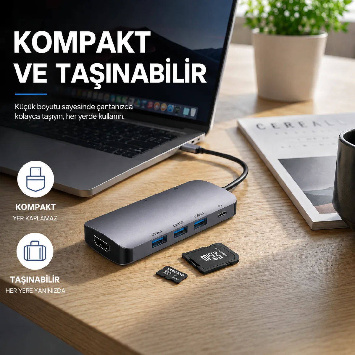 HEPU HP-B17 7-in-1 Type-C USB-C HUB – HDMI + 3x USB 3.0 + SD/TF Kart Okuyucu + Type-C PD Girişli Adaptör - Görsel 8