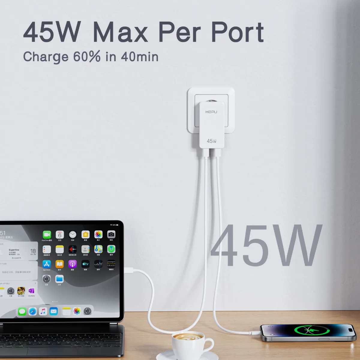 HEPU HP-C33 45W GaN Hızlı Şarj Adaptörü – Ultra İnce Tasarım Type-C Kablo Dahildir - Görsel 6