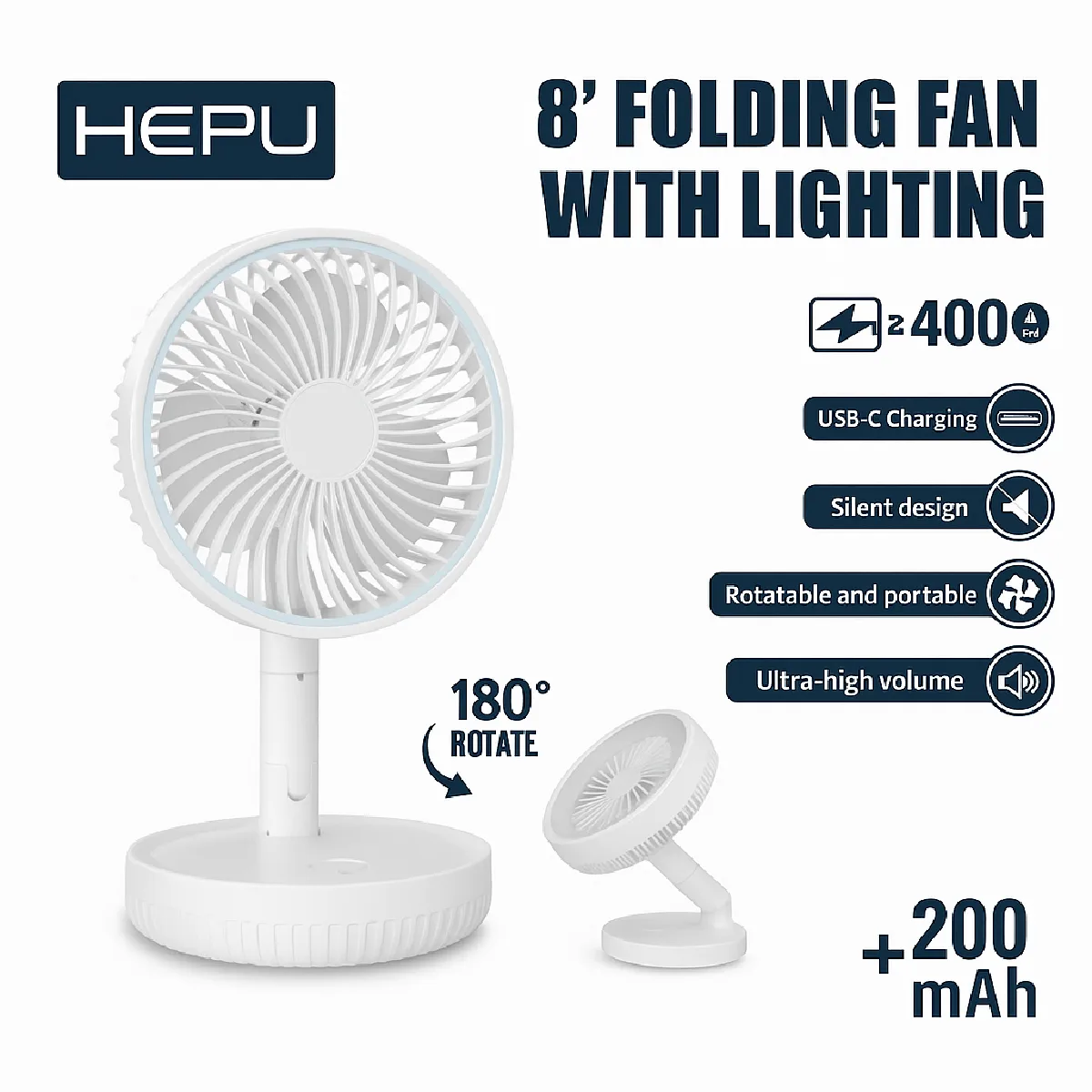 HEPU HP-F888 8" Katlanabilir Işıklı Masaüstü Fan – 4000mAh (2x2000mAh) Batarya, 180° Ayarlanabilir Gövde, Sessiz Çalışma, Yüksek Hava Akışı - Görsel 2