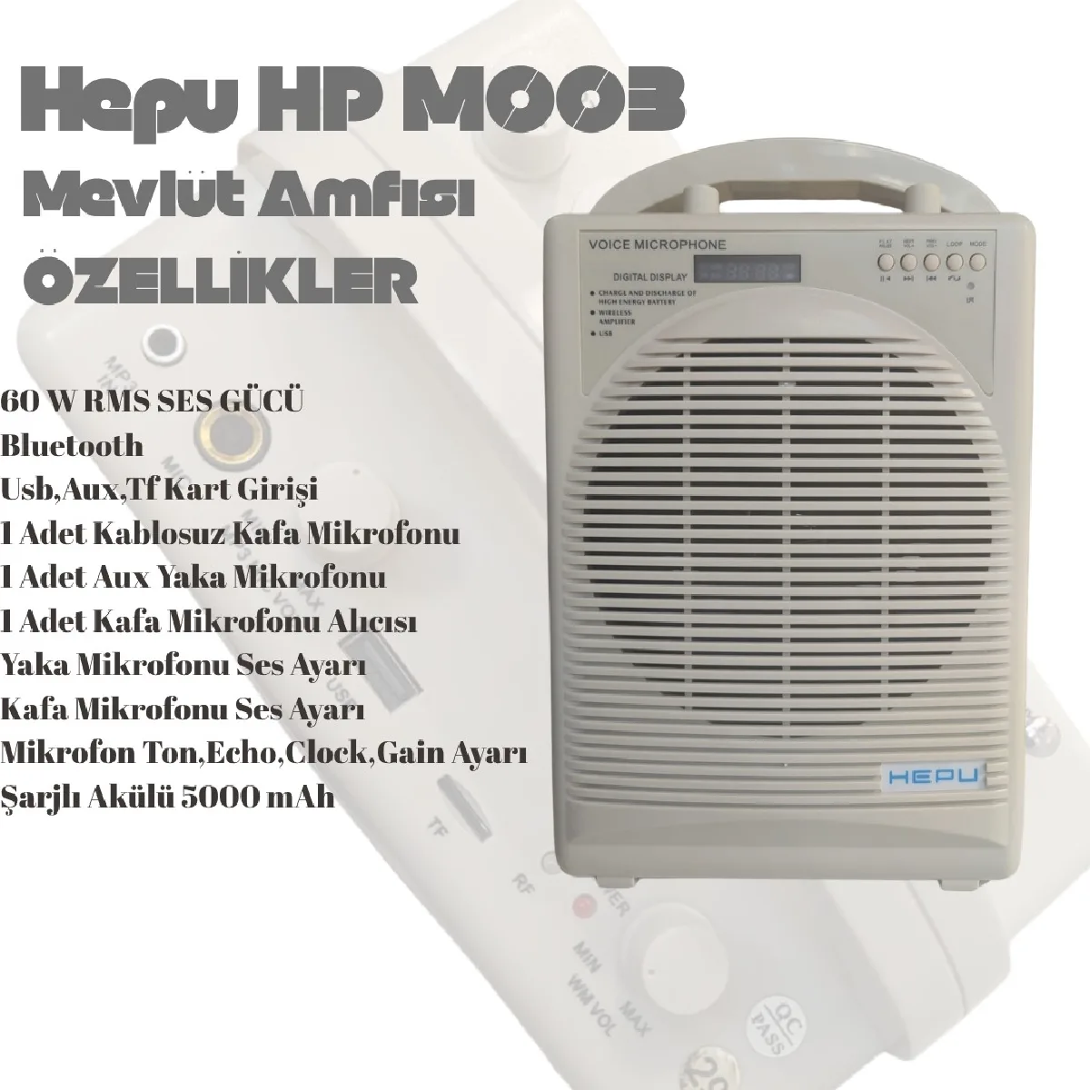 HEPU HP-M004 – 60W Şarjlı Mevlüt Anfi Seti (Kablosuz + Kablolu Mikrofonlu) - Görsel 4
