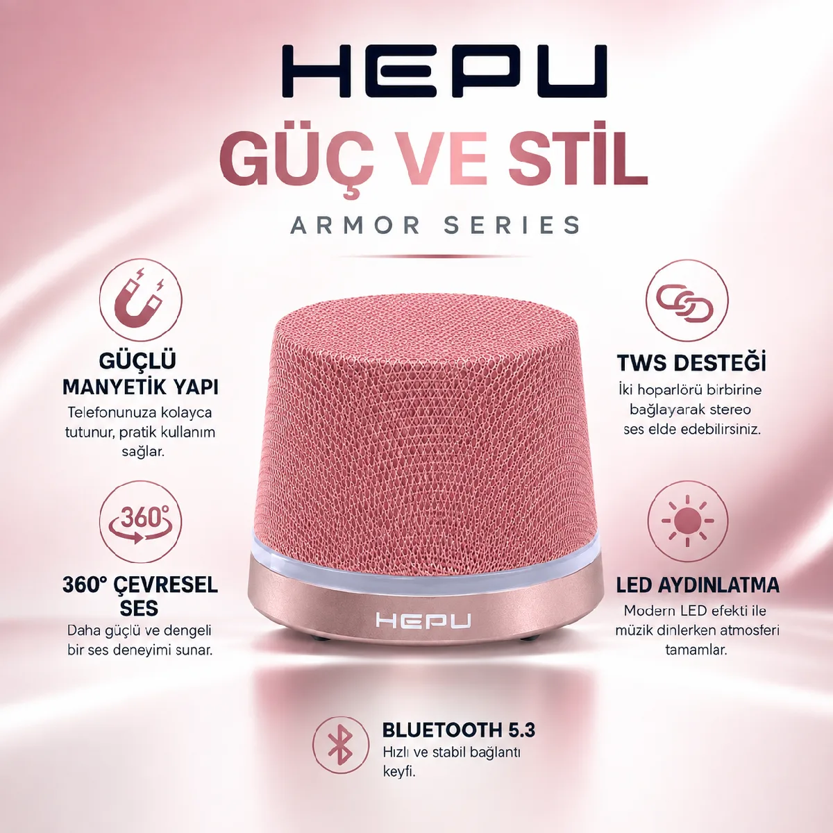 HEPU HP-MS01 Pembe Armor Manyetik Bluetooth Hoparlör – 5W Ses Çıkışı, Bluetooth 5.3, TWS Destekli - Görsel 6
