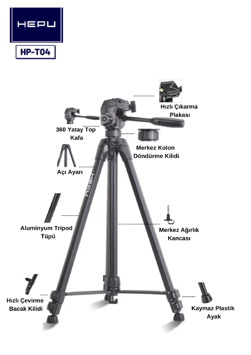 HEPU HP-T04 Profesyonel Tripod – 173 cm | 360° Top Kafa | Ağırlık Kancalı | Telefon Uyumlu - Görsel 2