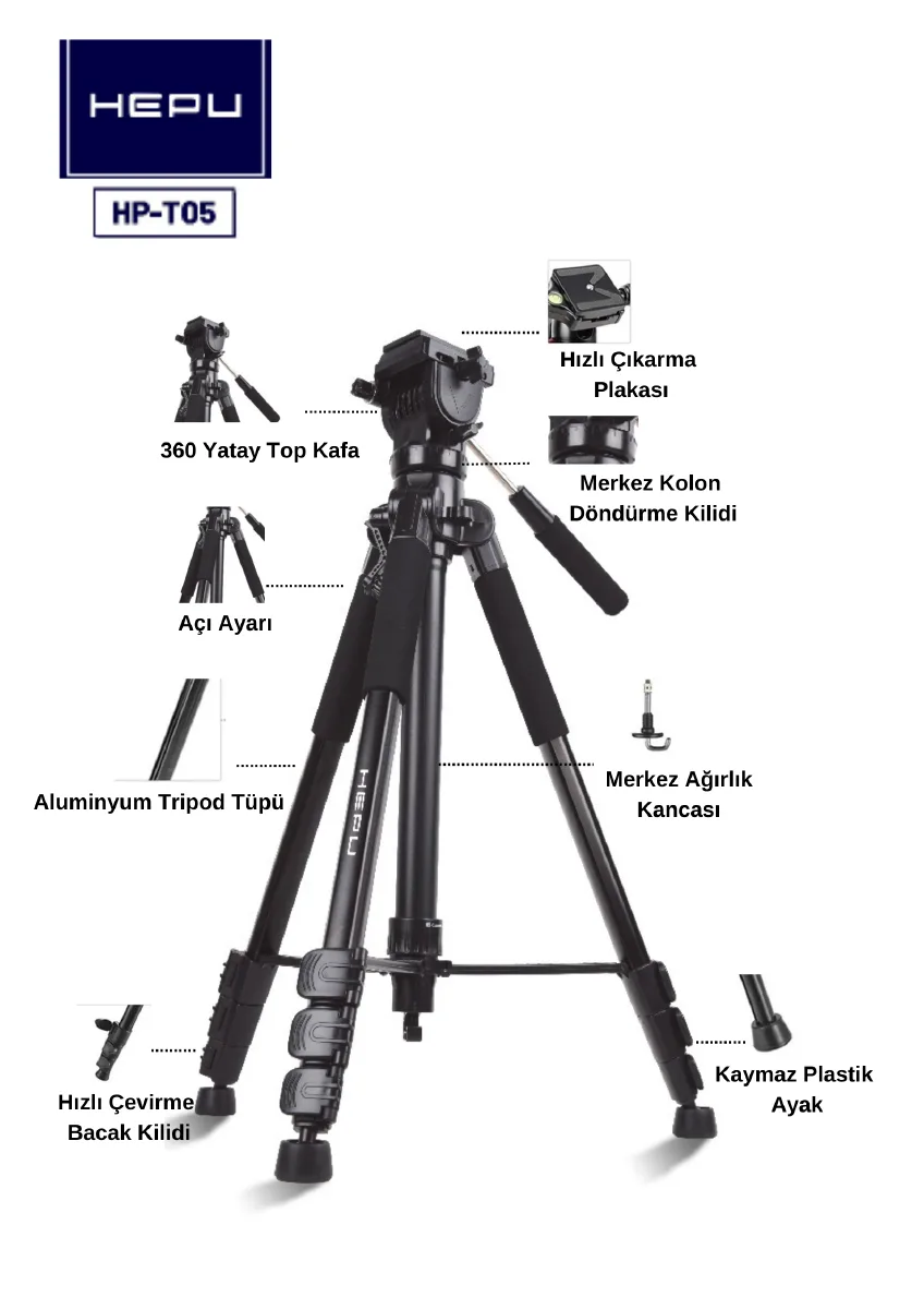 HEPU HP-T05 Profesyonel Tripod – 210 cm | 360° Pan Kafa | Alüminyum Gövde - Görsel 2
