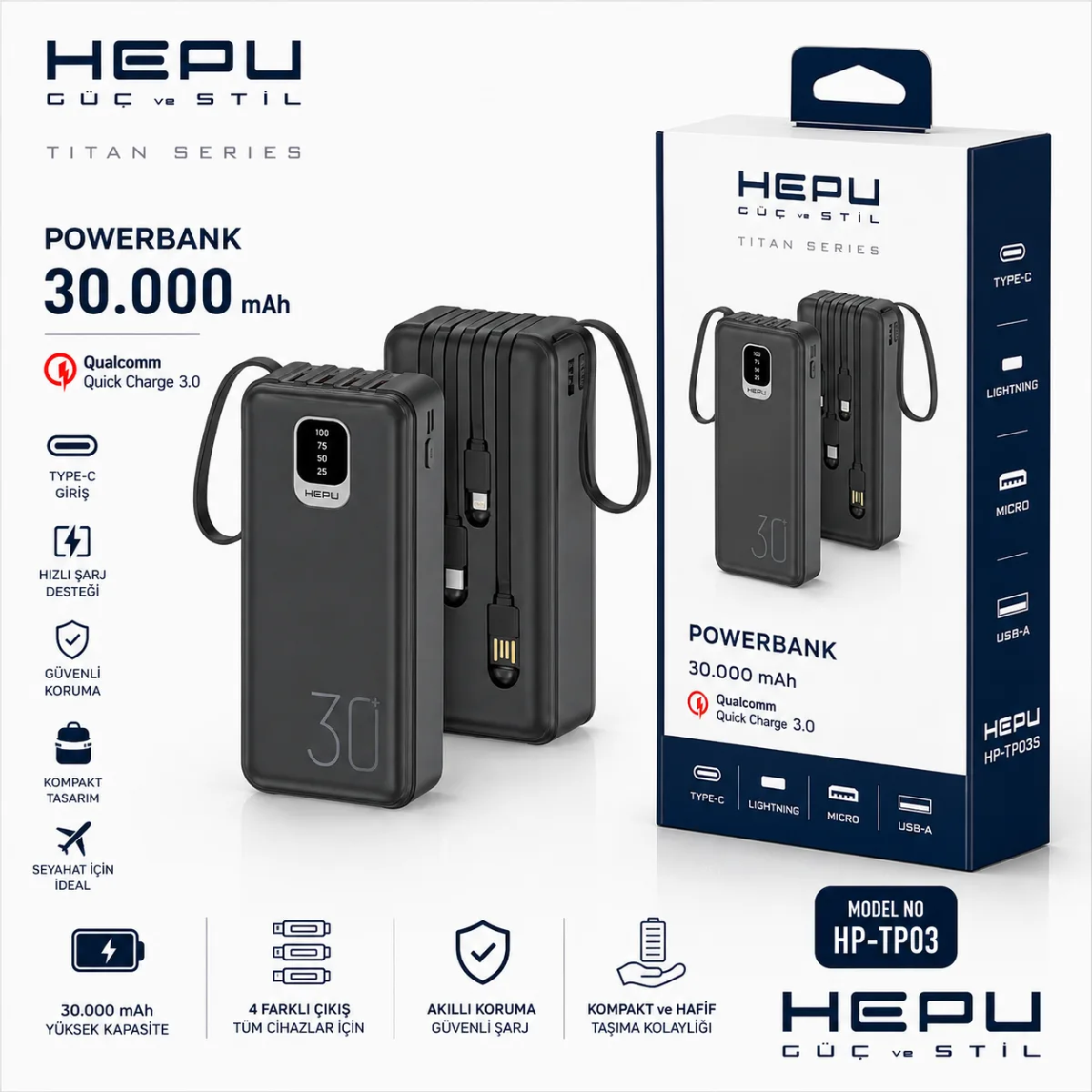 HEPU HP-TP03S Titan Series Powerbank – 30.000 mAh, 4 Entegre Kablolu, Dijital Göstergeli, Siyah - Görsel 4