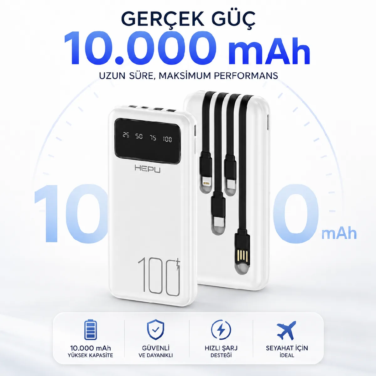 HEPU HP-TP04 Titan Series Powerbank – 10.000 mAh, 4 Entegre Kablolu, Dijital Göstergeli - Görsel 5