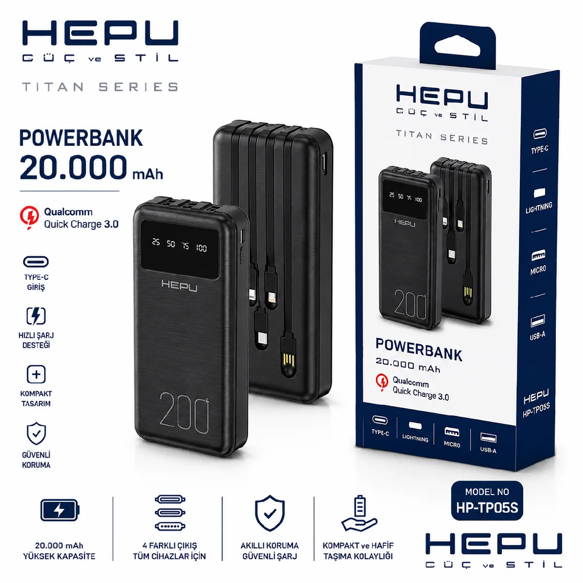 HEPU HP-TP05S Titan Series Powerbank – 20.000 mAh, 4 Entegre Kablolu, Dijital Göstergeli, Siyah - Görsel 3