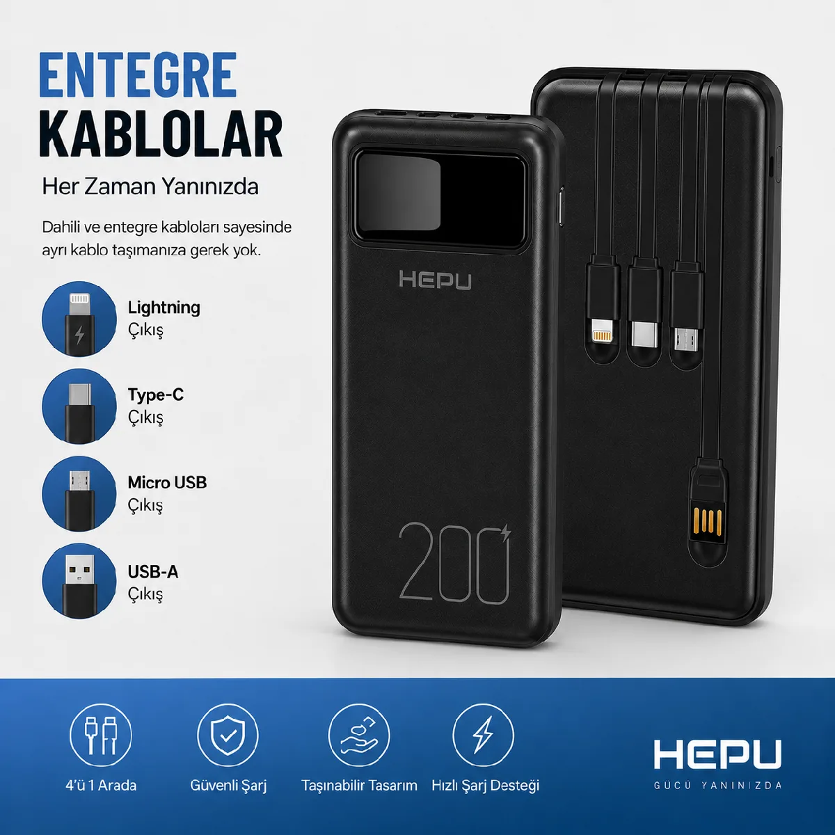 HEPU HP-TP05S Titan Series Powerbank – 20.000 mAh, 4 Entegre Kablolu, Dijital Göstergeli, Siyah - Görsel 5
